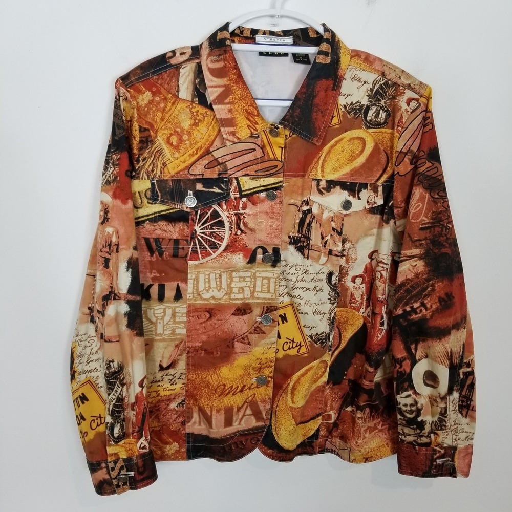ELCC Women Texas Prairies Jacket Sz 1X Brown Artsy Stretch Button Up